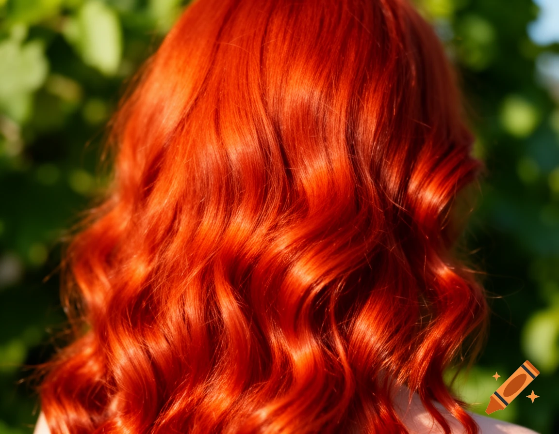 Close-up back view of vibrant, wavy red hair against a blurred green background.