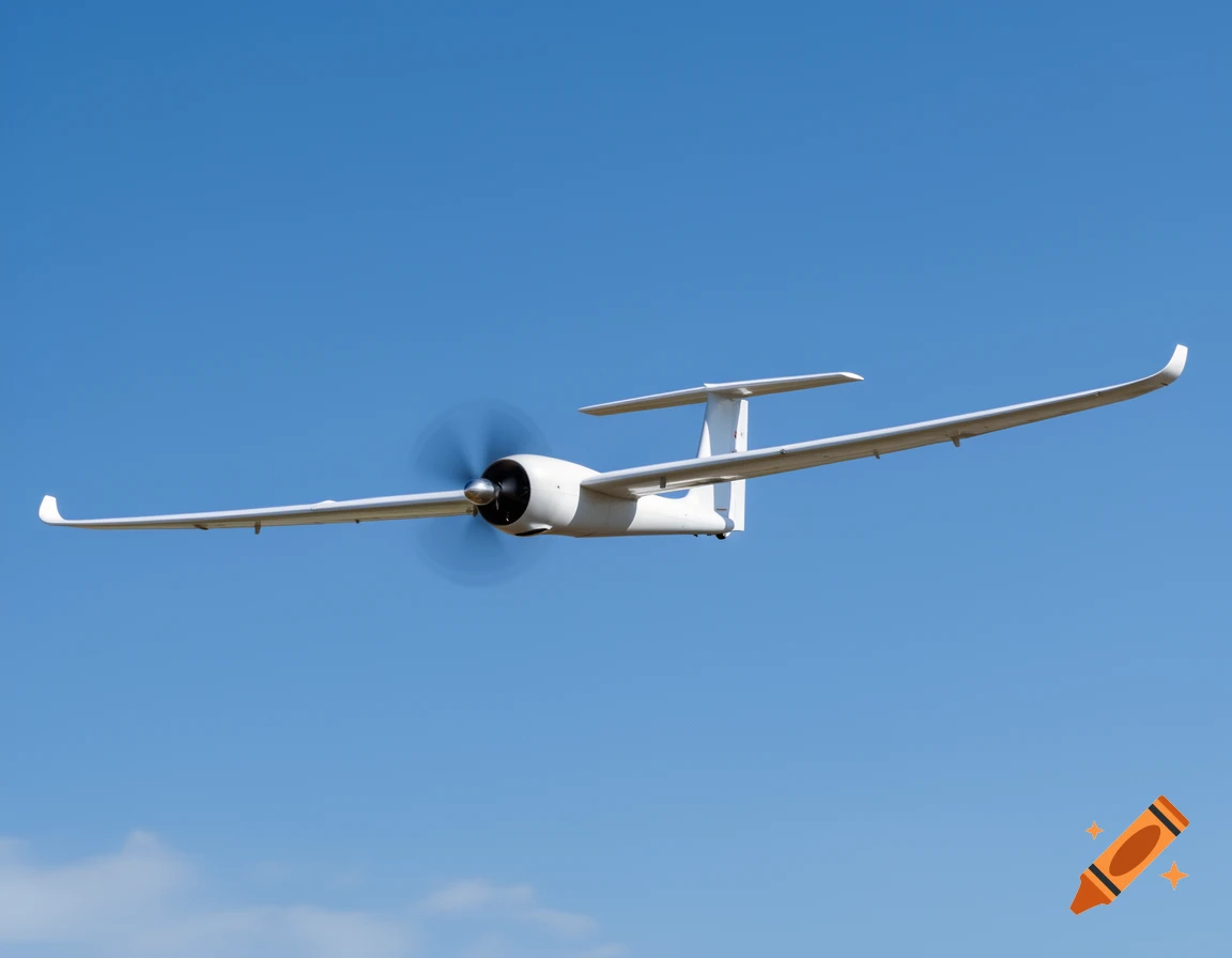 A white drone with a propeller and long wings flies against a clear blue sky.