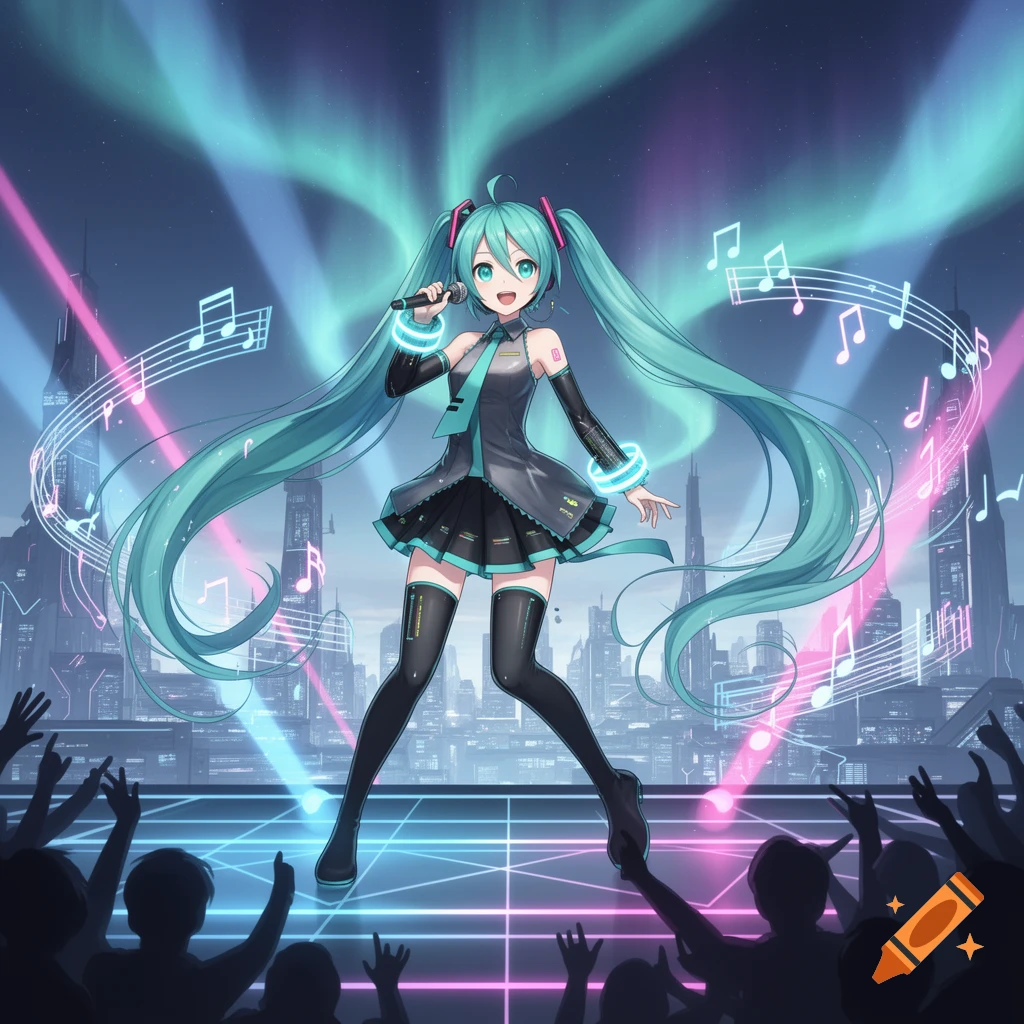 Hatsune Miku sings on a bright stage, with long blue twin tails, surrounded by musical notes and neon city lights.
