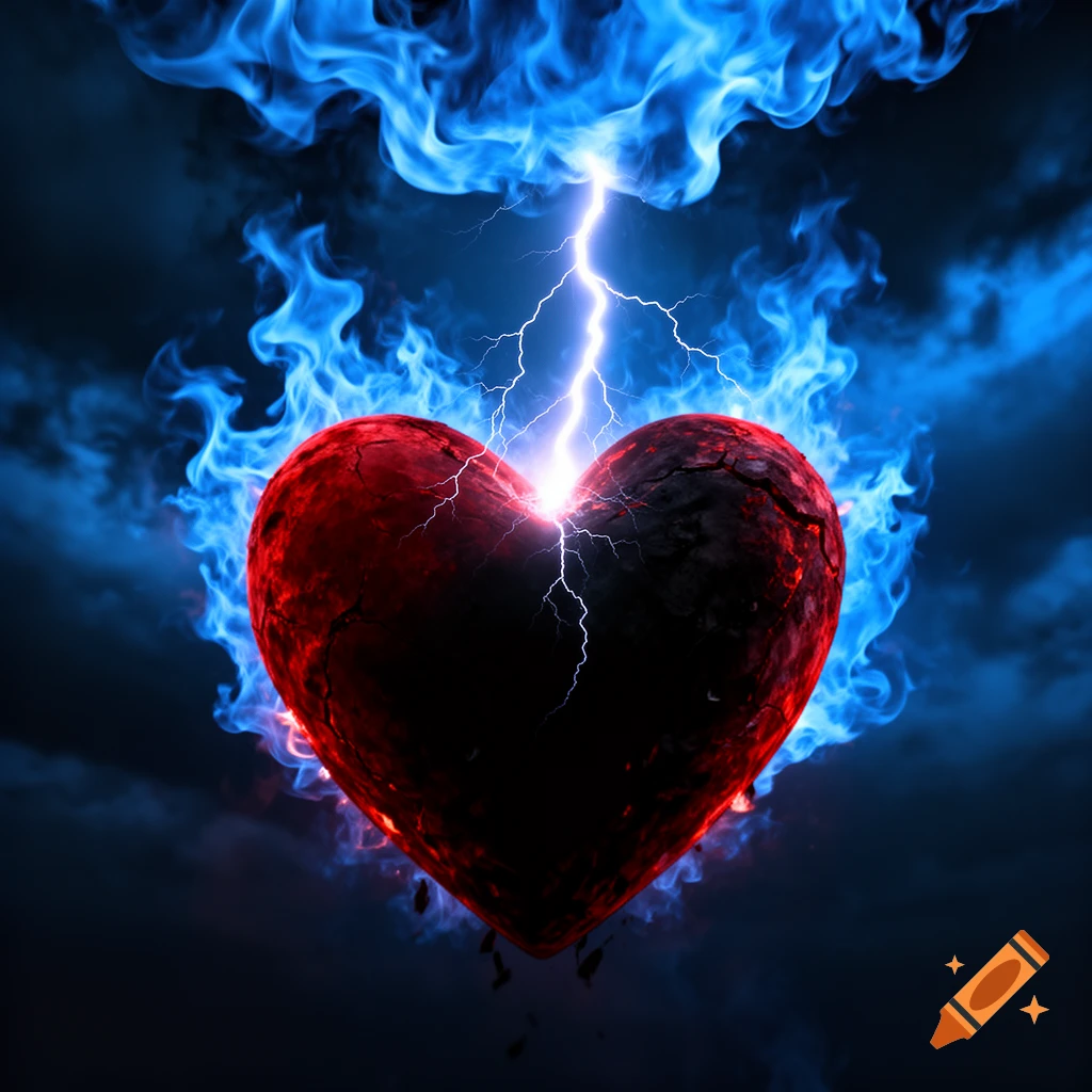 A cracked red heart is struck by a white lightning bolt, surrounded by blue flames against a dark, cloudy sky.