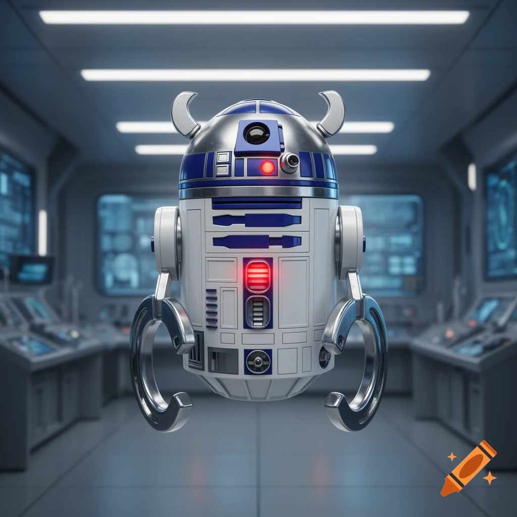 A futuristic robot, a blend of R2-D2 and Magnemite with viking-like horns, stands centered in a sci-fi control room.