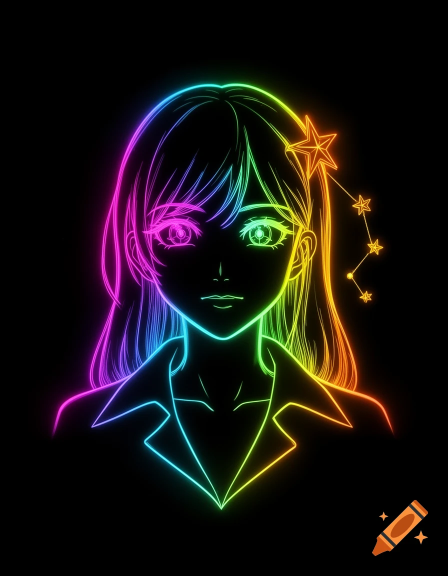 Neon wireframe line-art anime portrait of a young woman with a rainbow gradient, a star hairpin, and a three-star constellation.