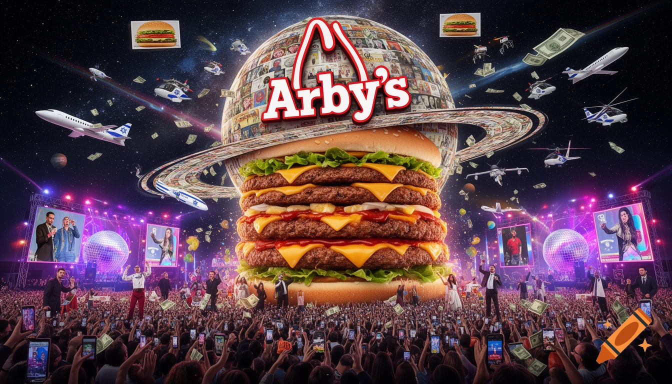 An epic, chaotic scene featuring a giant Arby's branded planet with a massive burger, surrounded by money, planes, and helicopters in space, above a packed concert crowd.