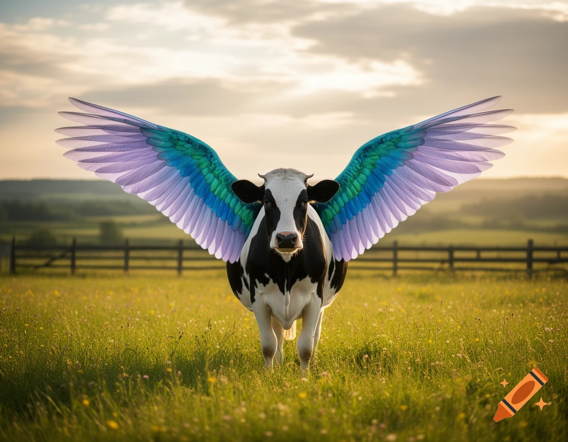 A black and white cow with large, colorful blue, green, and purple wings stands in a grassy field at sunset.