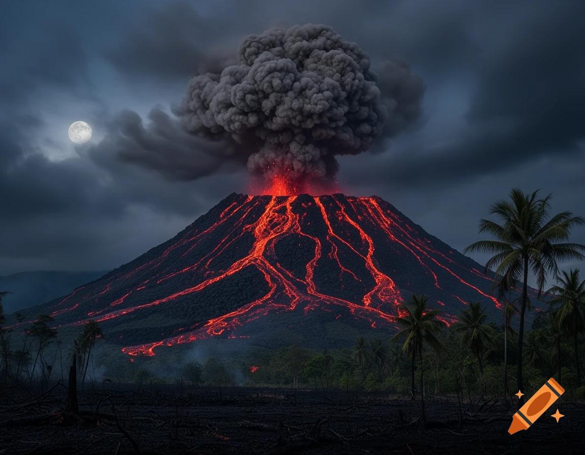 Photorealistic night shot of an erupting volcano with glowing lava flows, a large ash cloud, a full moon, and palm trees.