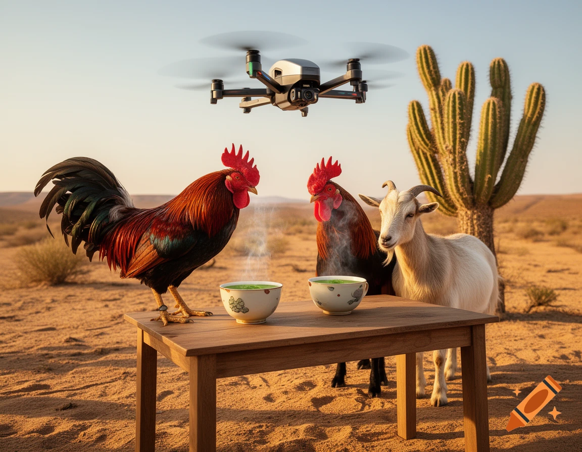 Two roosters and a goat stand around a table with steaming green tea in a desert, with a drone flying above a cactus.