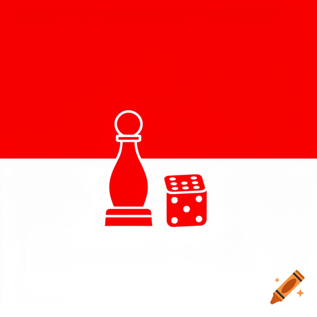 A simple graphic illustration of a red chess pawn and a red die on a white foreground with a red background.