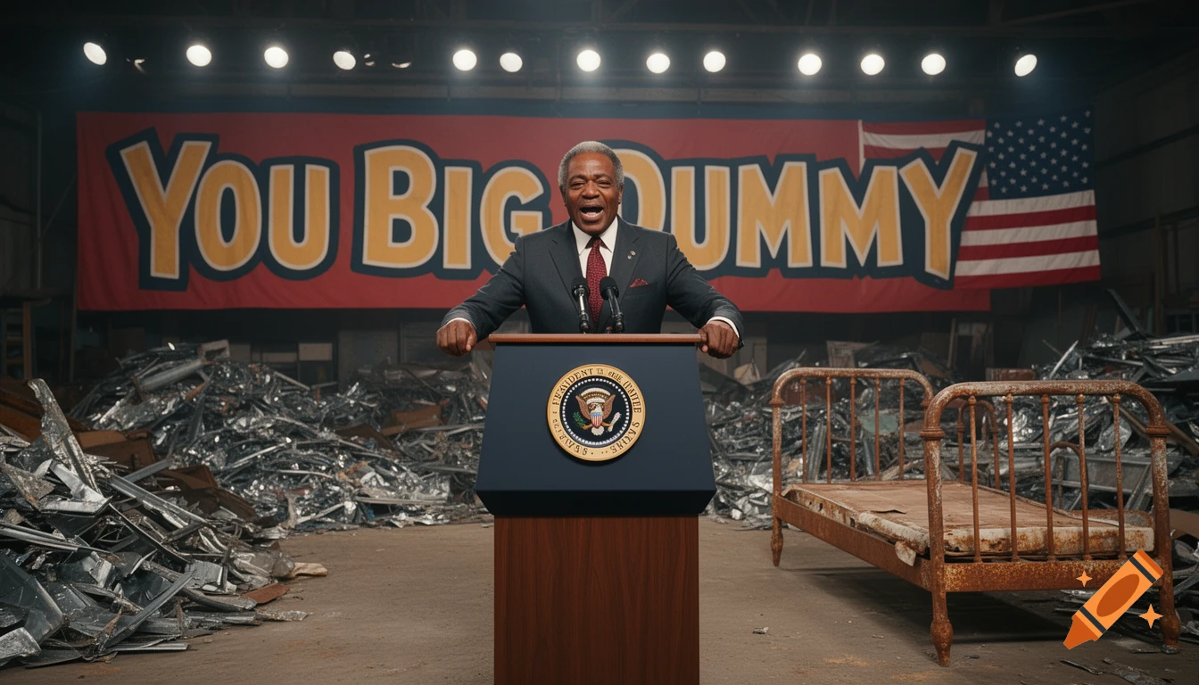 An older Black man in a suit speaks from a podium with a presidential seal in a junkyard. A banner behind him reads "YOU BIG DUMMY" next to an American flag. A rusty bed frame is to the right.
