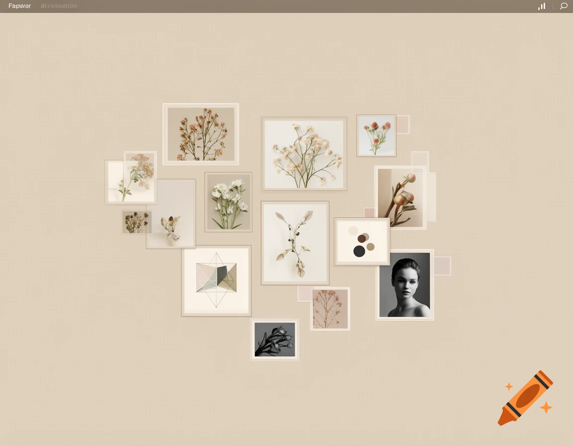 A beige aesthetic wallpaper featuring a scattered collage of framed pictures, including botanical illustrations, abstract shapes, and a black and white portrait.