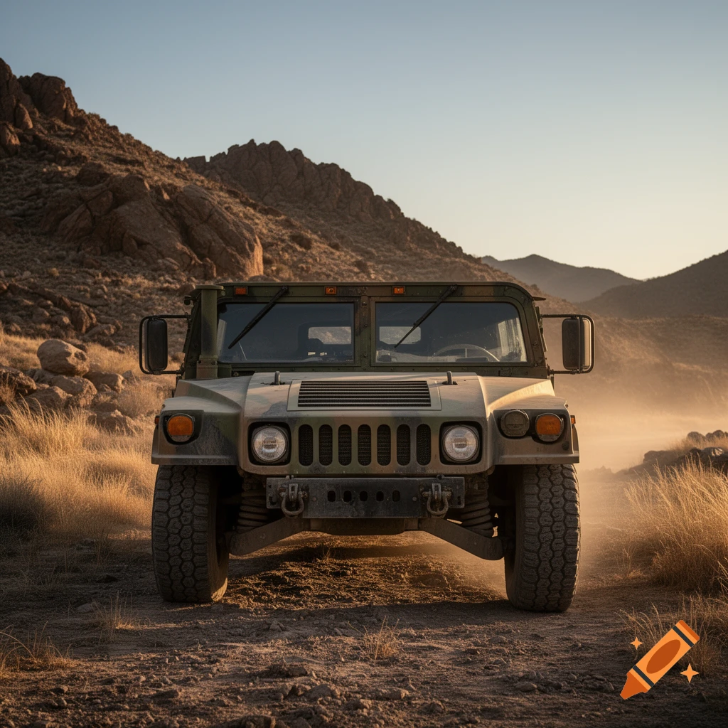 Front view of a military Humvee on a dirt road in a rocky desert landscape with dust, photorealistic.