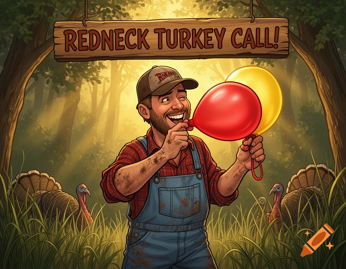 Cartoon illustration of a winking man in overalls blowing into a red balloon, with a sign saying 'REDNECK TURKEY CALL!' above him and turkeys in a forest.