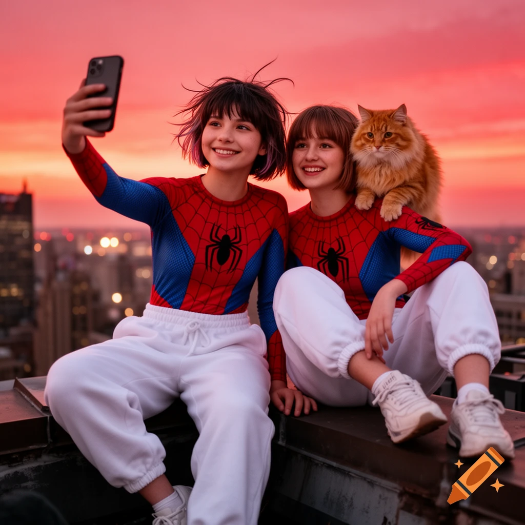 Two smiling girls in Spider-Man tops and white sweatpants on a rooftop with an orange cat, taking a selfie at sunset.