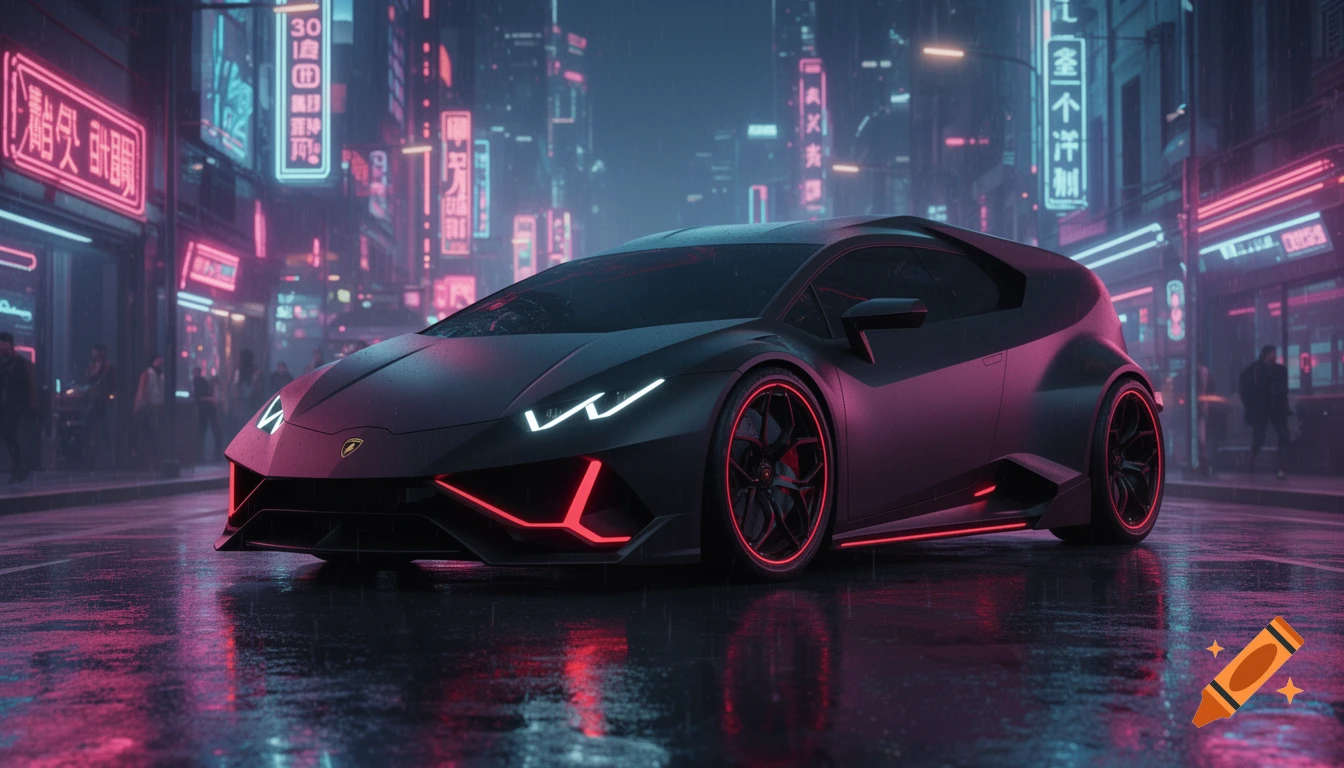 A matte black futuristic Lamborghini concept car with neon red accents on a wet cyberpunk city street at night.