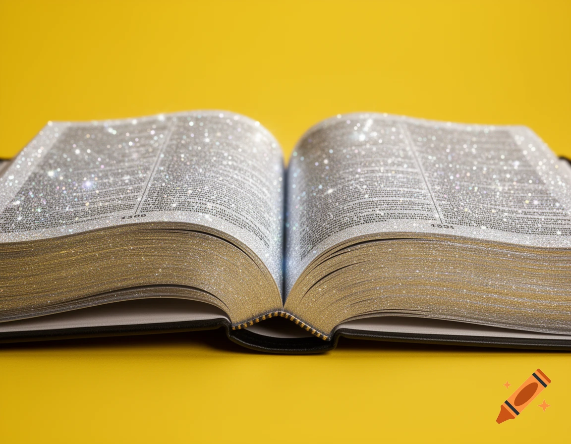 An open, sparkly Bible with silvery pages and golden edges on a plain yellow background.