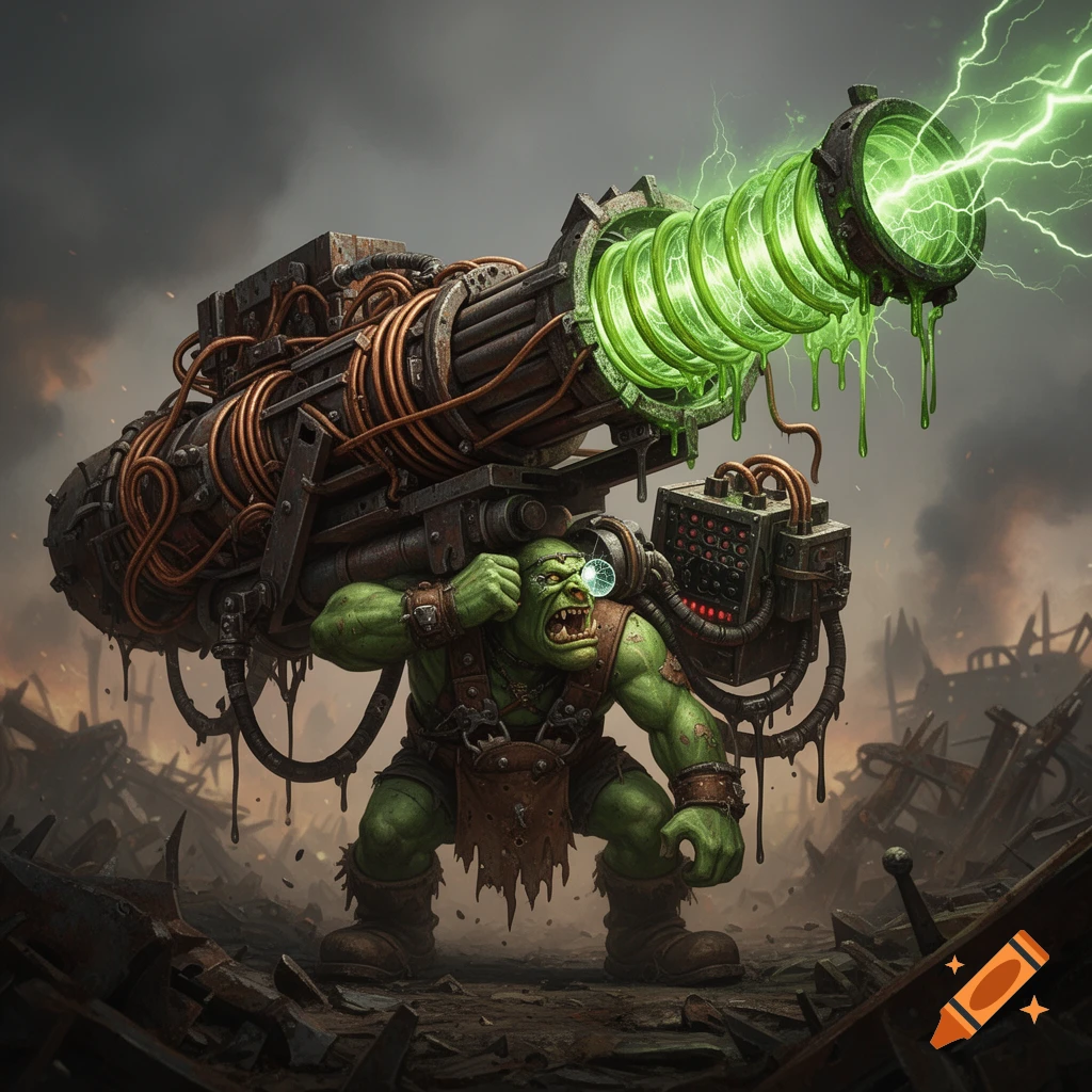 Green Ork from Warhammer 40k carries a massive, glowing green railgun on a smoky battlefield.
