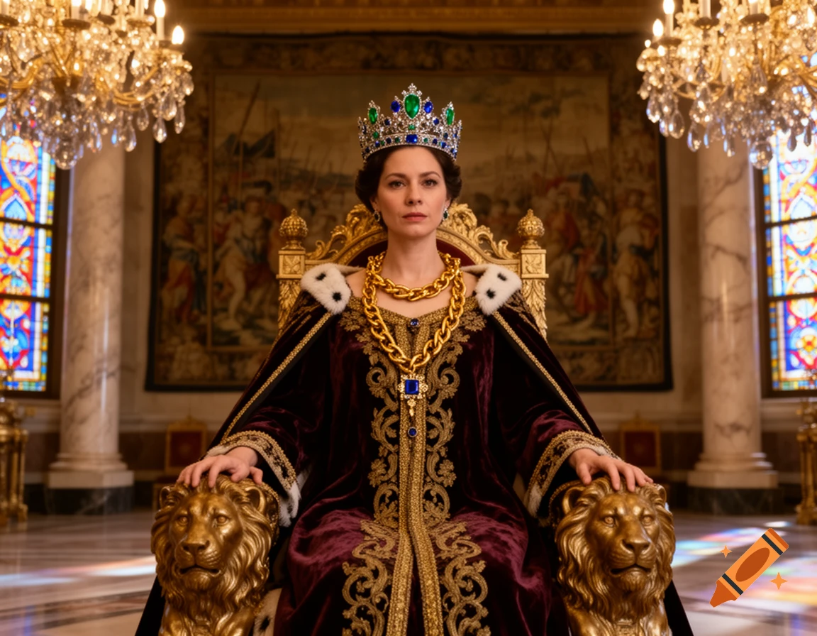 A queen wearing a jeweled crown and a purple velvet robe with gold embroidery sits on a golden throne with lion armrests in a lavish hall.
