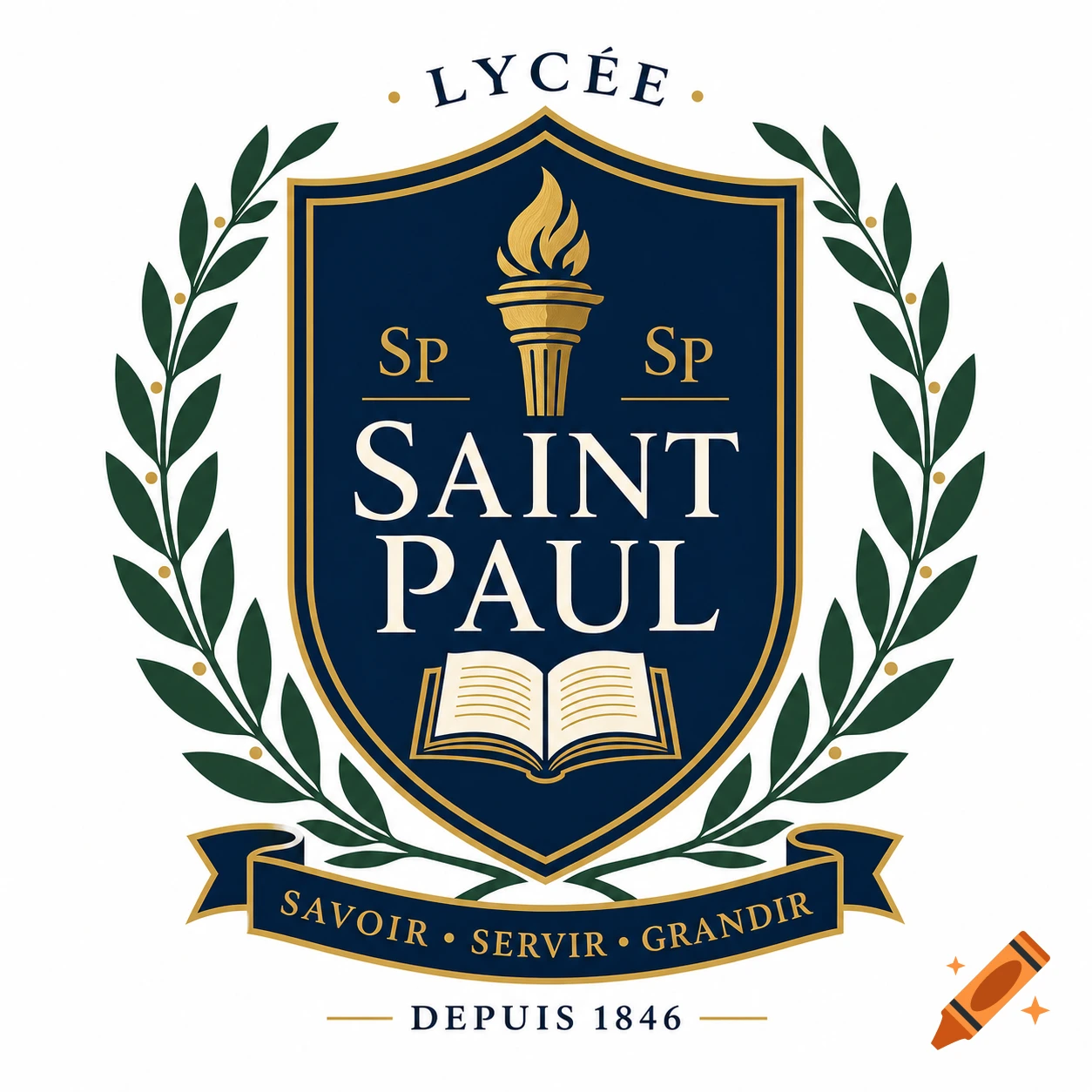 Blue and gold school logo for Lycée Saint Paul, featuring a shield with a torch and open book, surrounded by a laurel wreath.