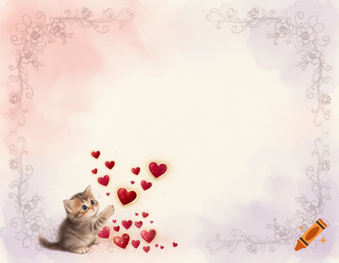 A cute kitten playing with floating red hearts on a soft watercolor background with delicate floral borders.