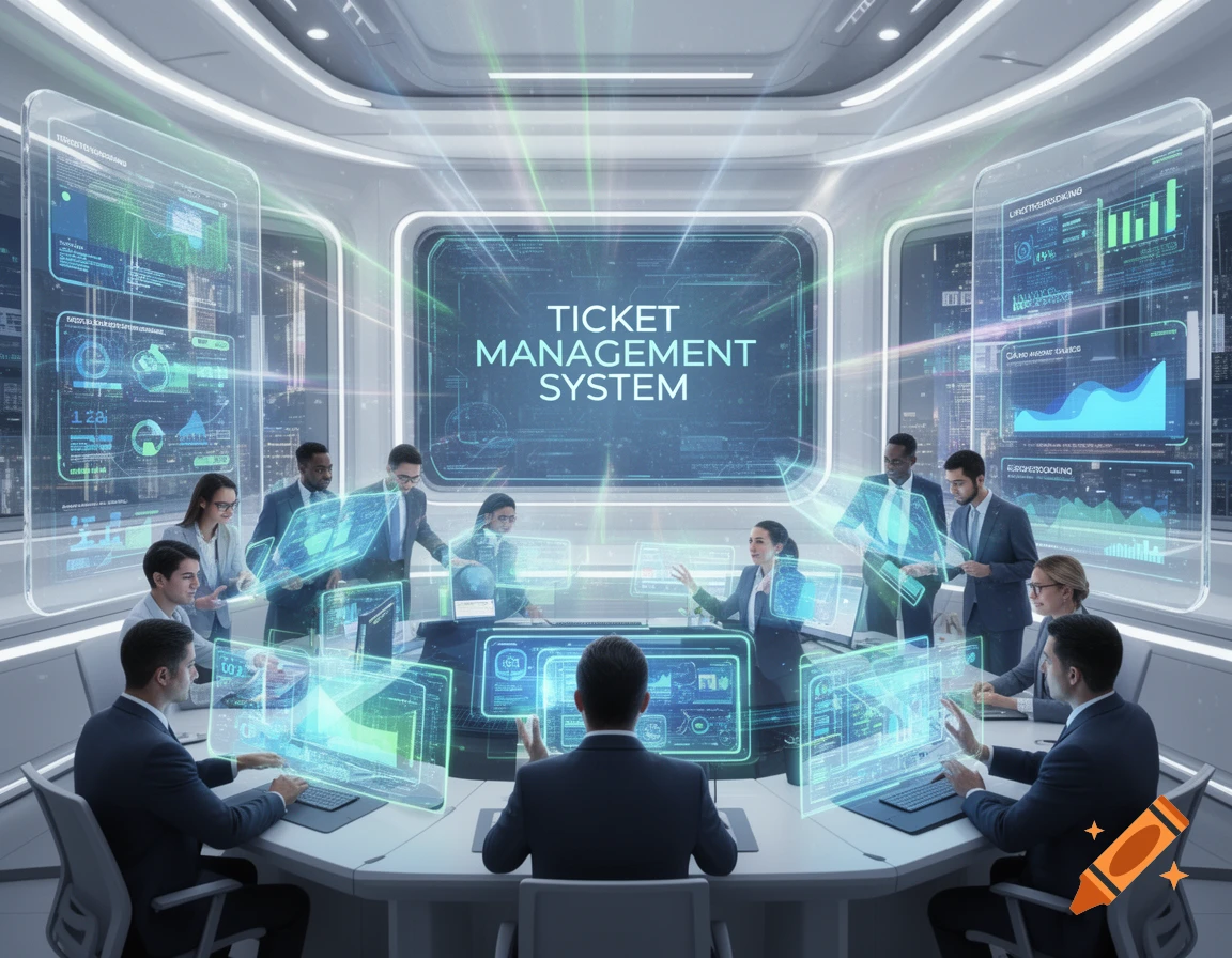 Business professionals interact with holographic displays showing a 'Ticket Management System' in a futuristic meeting room.