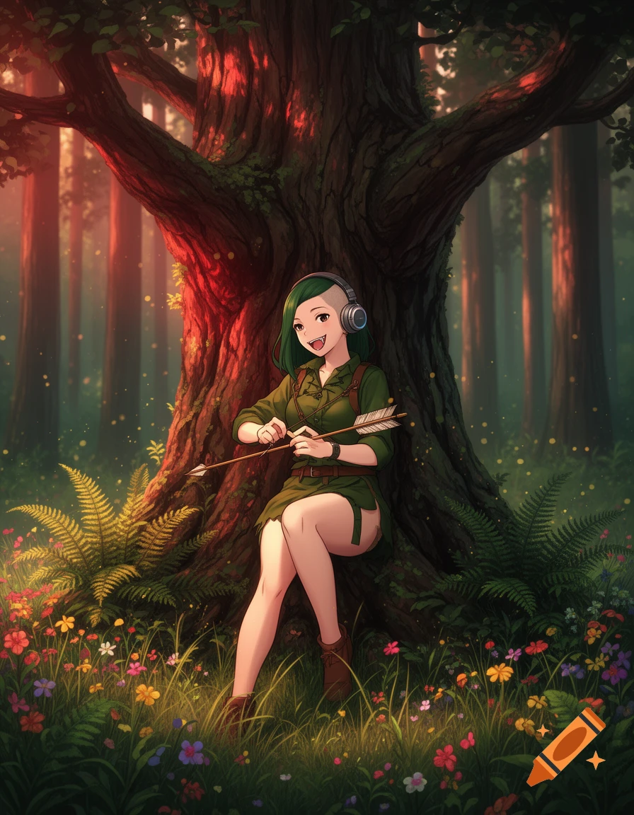 Anime woman with green hair, fangs, and headphones sits by a tree in a flower-filled forest, sharpening an arrow.