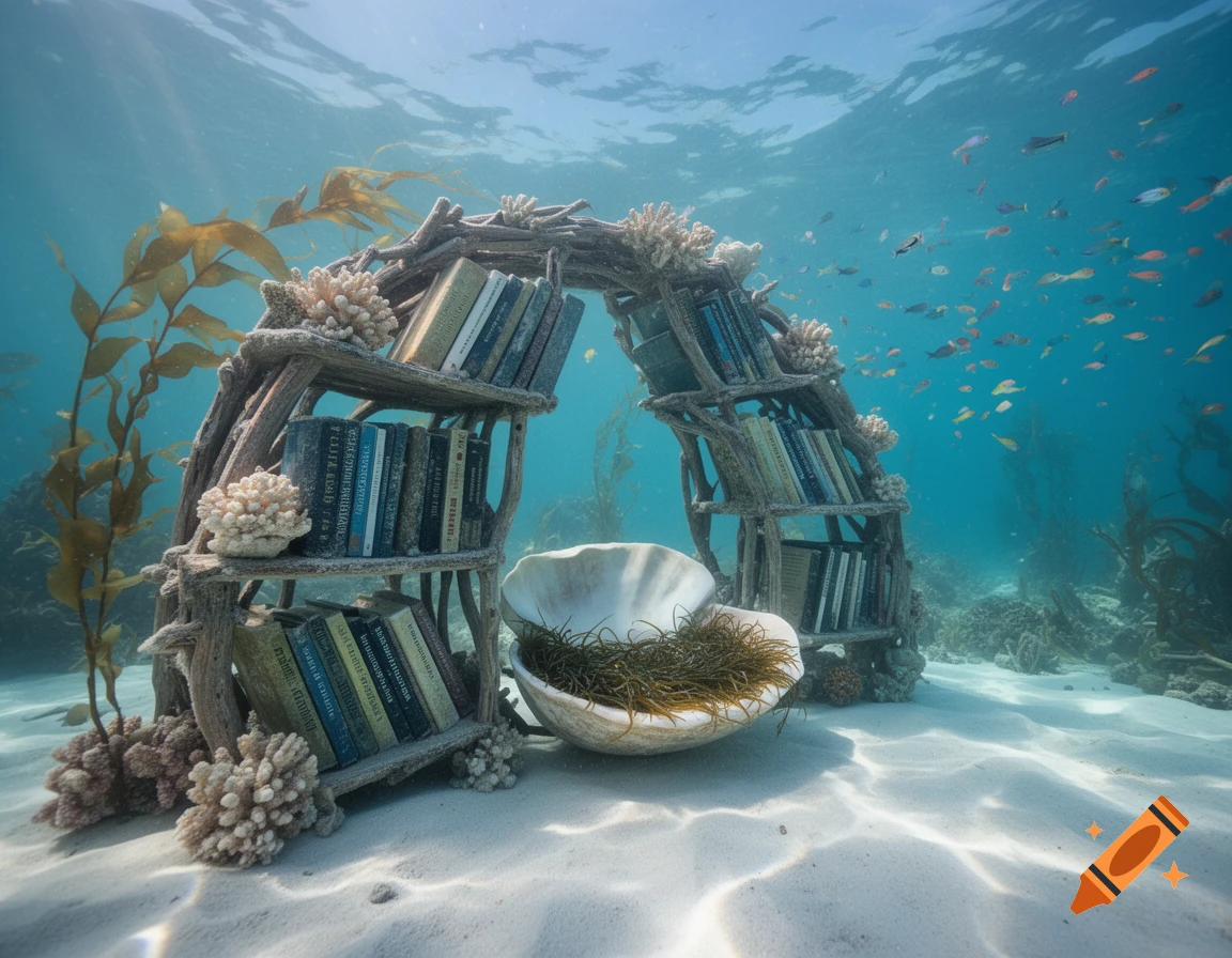 An enchanting underwater book nook, made of wood and coral, rests on the sandy ocean floor, surrounded by kelp and colorful fish.