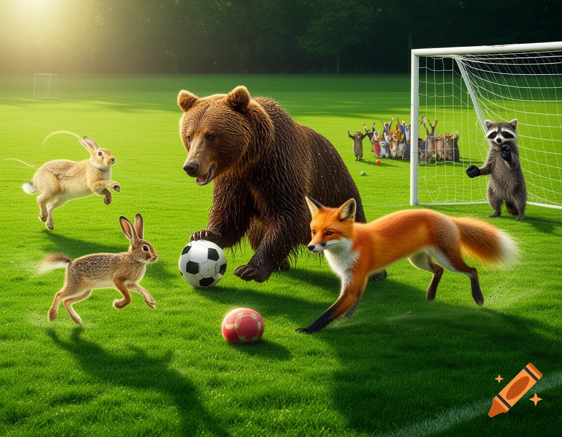 A bear, fox, and two rabbits play soccer on a green field, with a raccoon as goalie and a distant crowd watching.