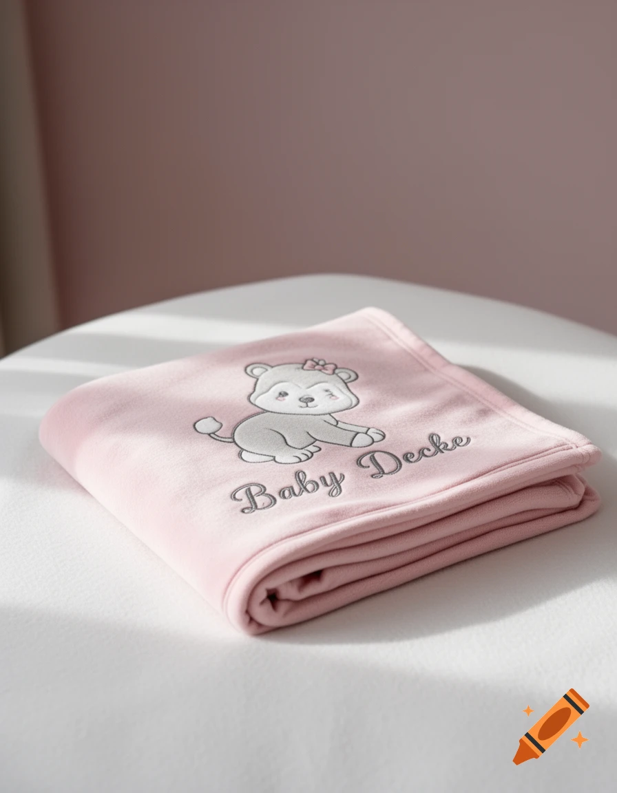 Pink folded baby blanket with a cartoon grey wolf wearing a bow, and 'Baby Decke' text.