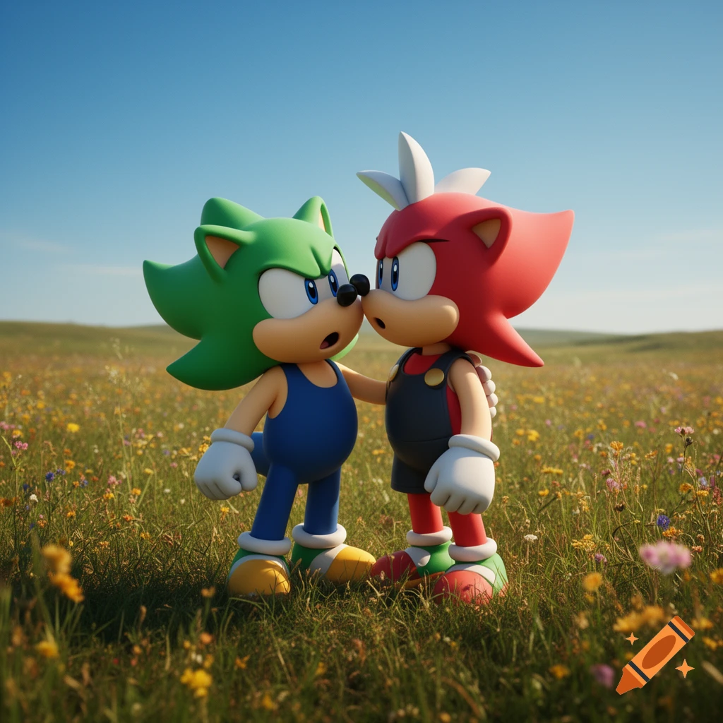 Green and red anthropomorphic hedgehog characters leaning in to kiss in a sunny wildflower field, 3D render.