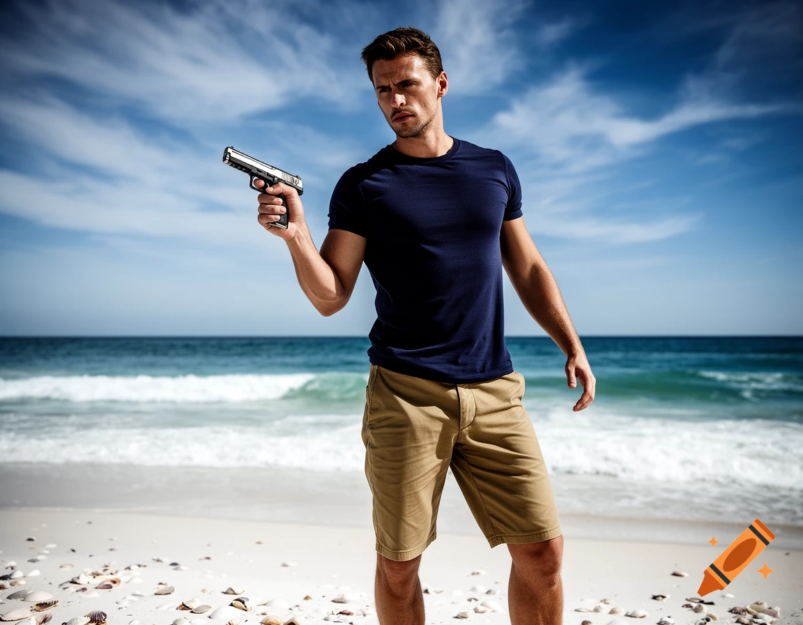 A photorealistic man in a t-shirt and shorts holds a pistol on a shell-covered beach with the ocean and blue sky.