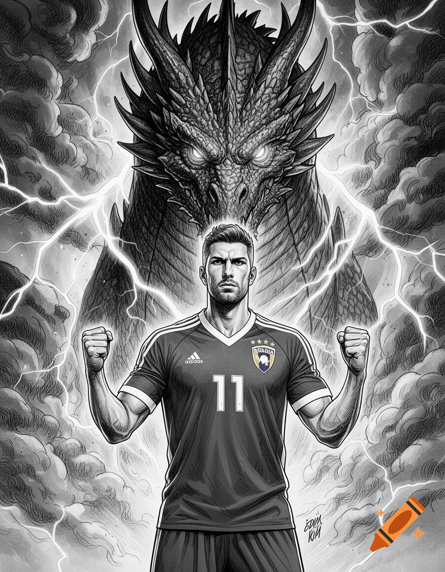 Monochromatic manga illustration of soccer player Edin Džeko in a number 11 jersey, fists clenched, with a giant dragon and lightning behind him.