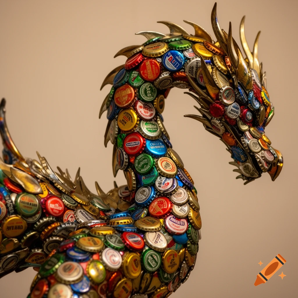 A vibrant, detailed close-up of a dragon sculpture crafted entirely from colorful, old bottle caps, with metallic textures.