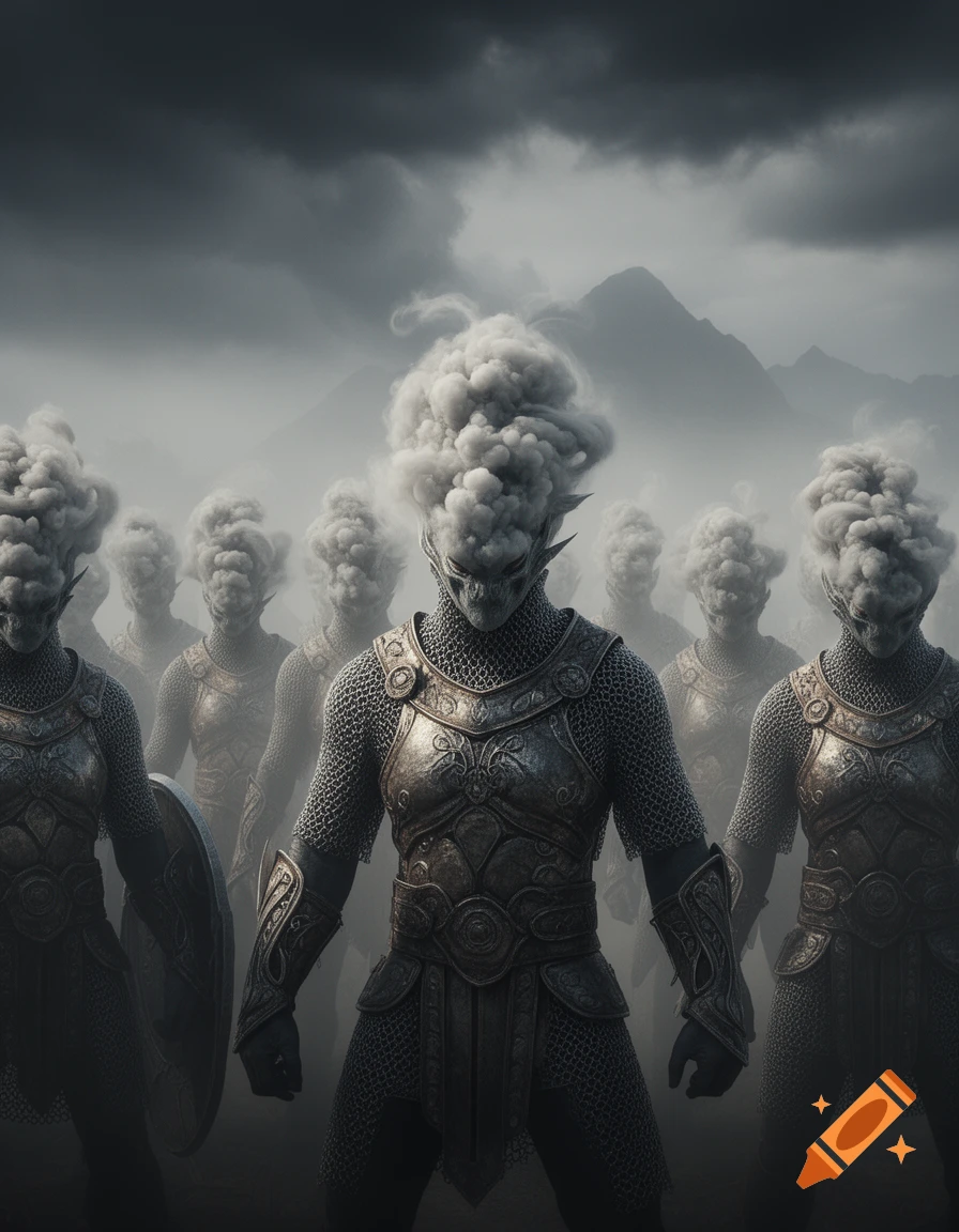 A group of war-like alien creatures with cloud-like heads and detailed chainmail armor stand in a misty, mountainous landscape.