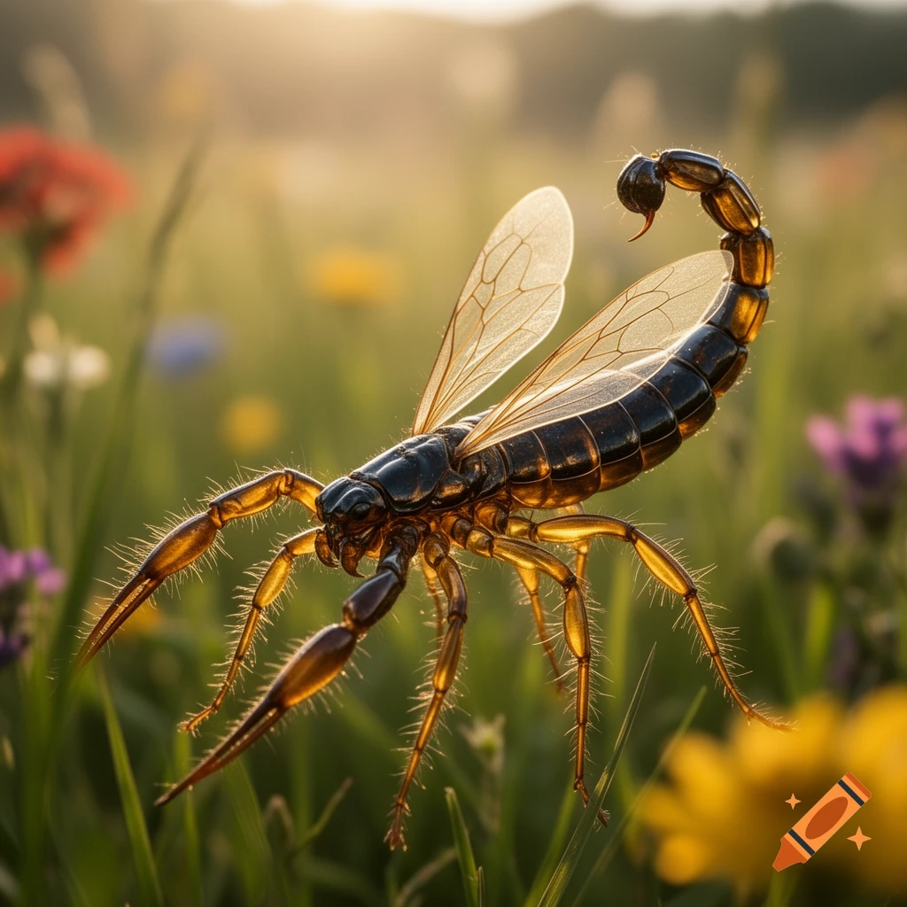 A photorealistic close-up of a fantastical winged scorpion-like insect with golden legs and a dark body, standing in a sunny, green meadow with blurred wildflowers.