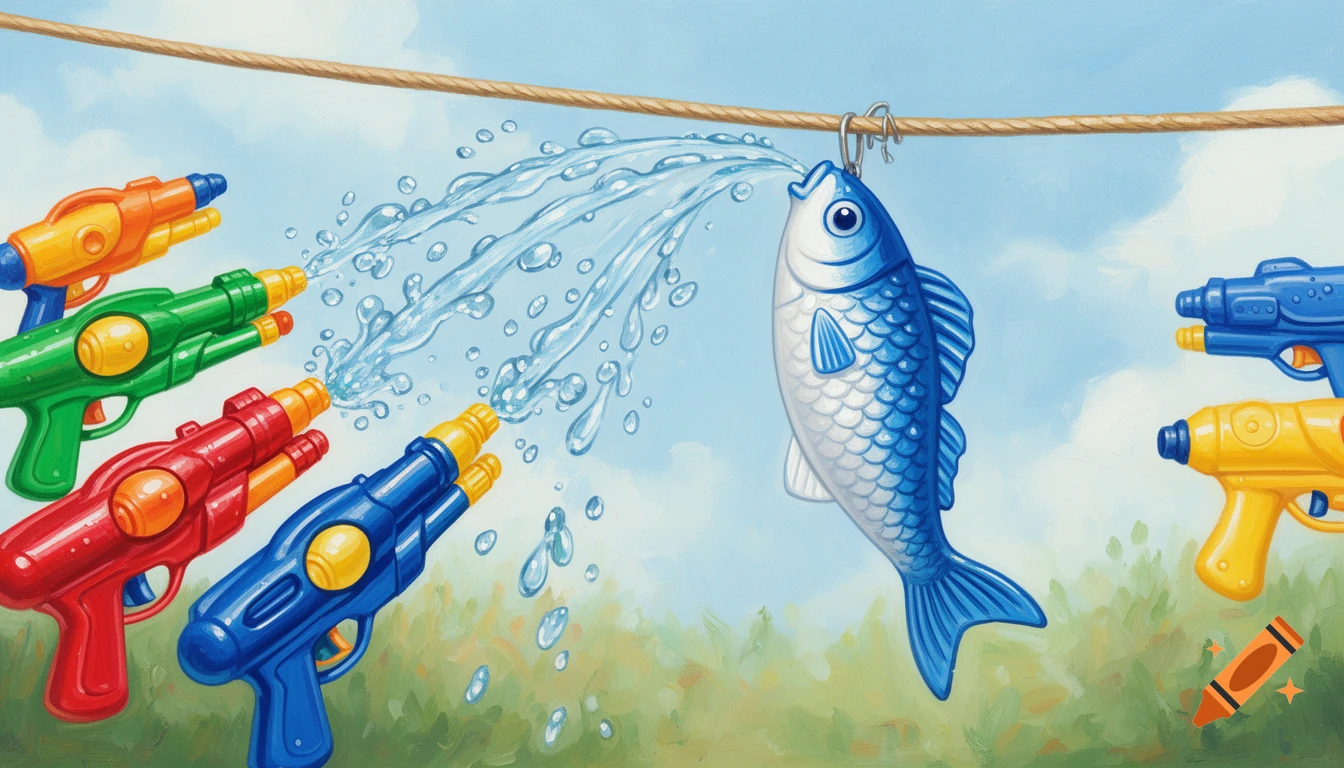 Acrylic painting of colorful water guns shooting water at a blue plastic fish hanging on a rope under a bright sky.