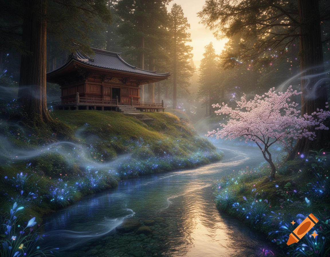 A serene Japanese temple sits on a grassy hill overlooking a luminous river with glowing flora and cherry blossoms in a magical forest.