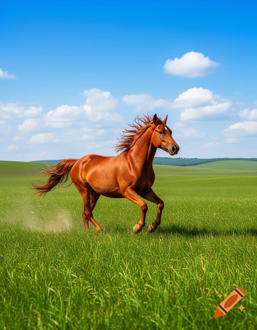A majestic brown horse with a flowing mane gallops through a vibrant green field under a bright blue sky with scattered clouds.