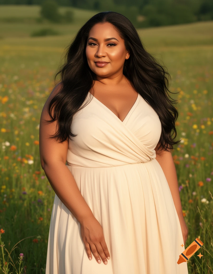 A beautiful plus-size woman with long dark hair, wearing a light-colored dress, stands in a sunlit field of wildflowers.