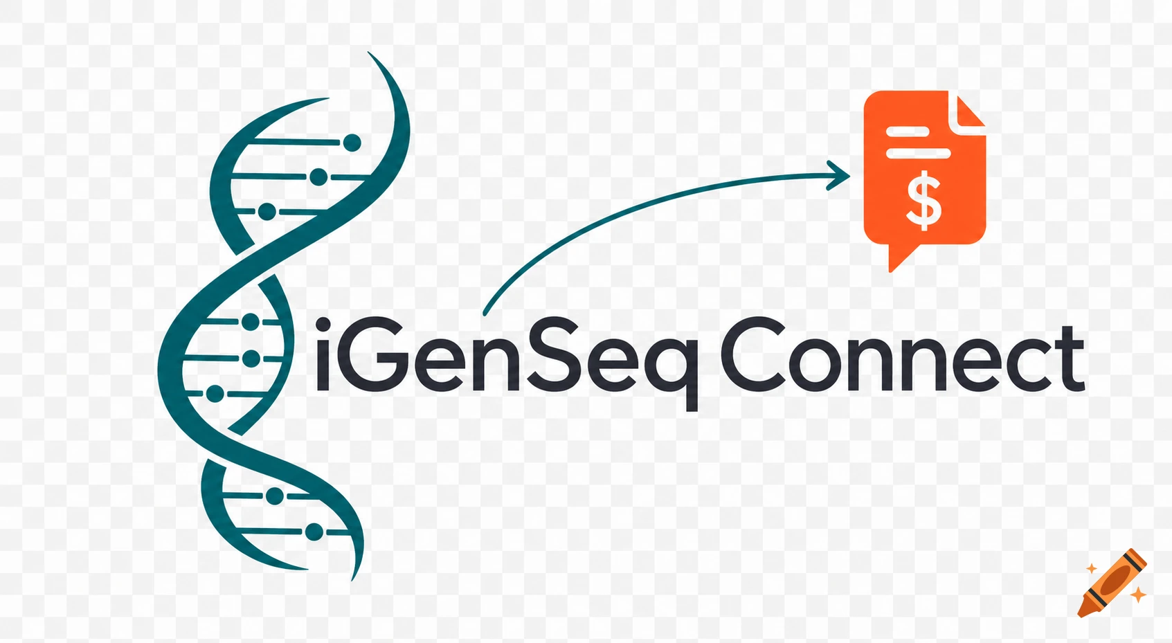 A minimalist vector logo for iGenSeq Connect, featuring a teal DNA helix, text, and an orange document icon with a dollar sign connected by an arrow.