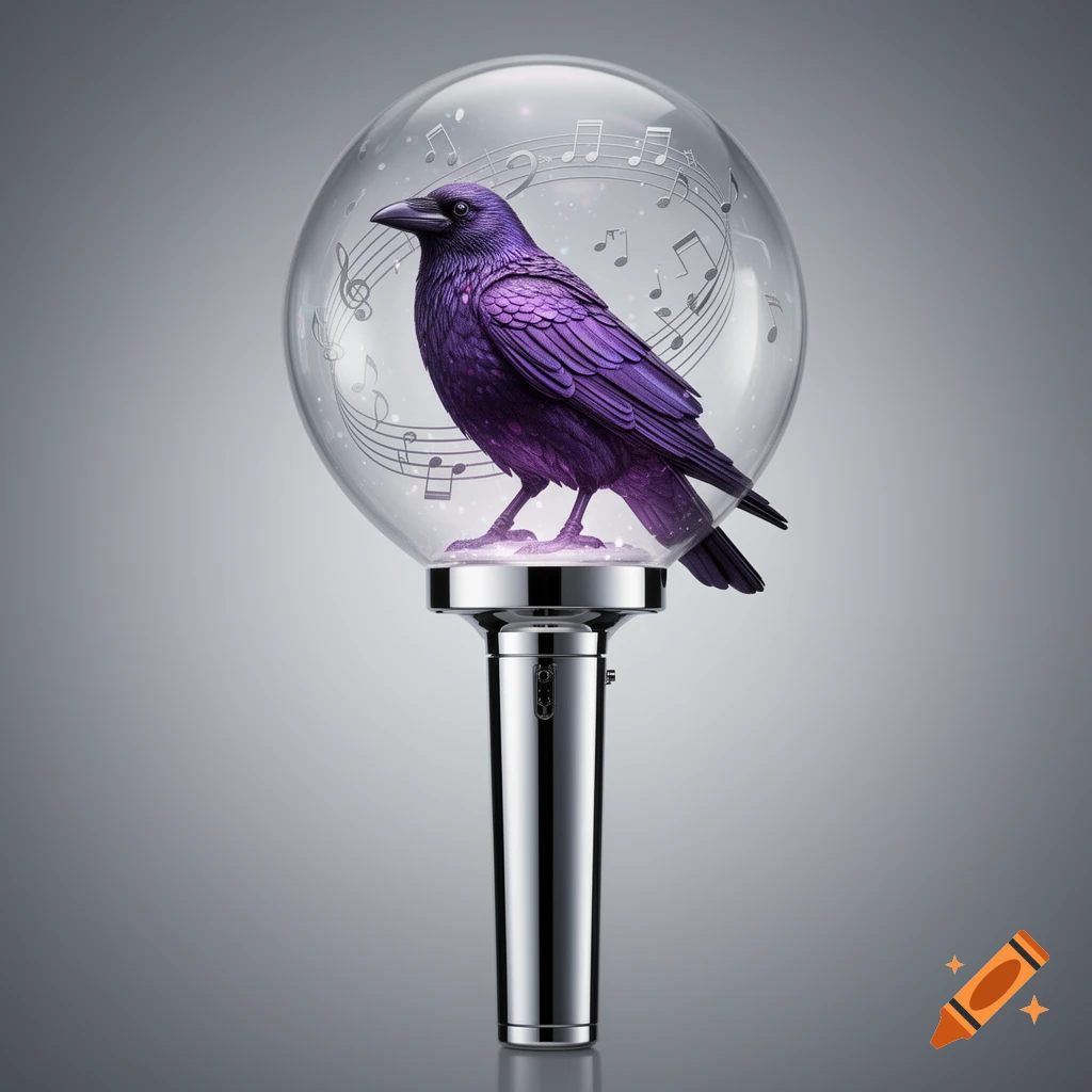 A detailed purple raven stands inside a clear sphere lightstick with floating music notes, set against a grey background.