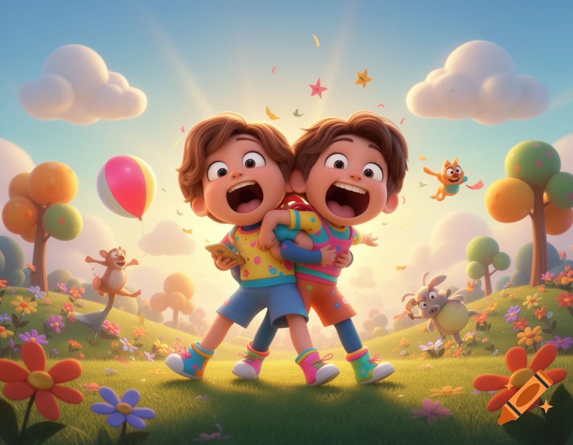Two excited cartoon children hug in a sunny, whimsical field with colorful flowers, trees, and small animals.