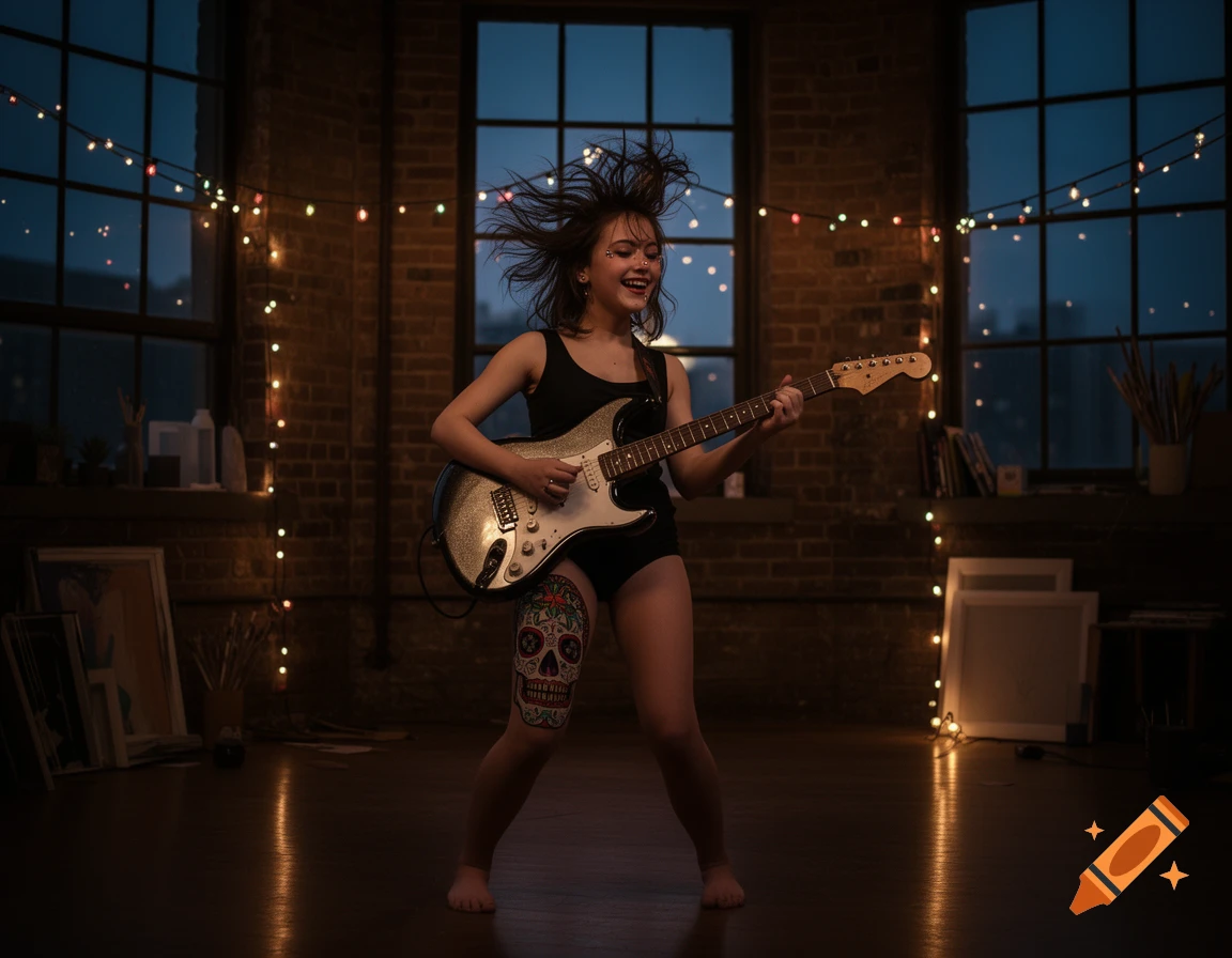 A happy young woman with wild hair and facial piercings plays an electric guitar in a dimly lit loft apartment decorated with string lights.