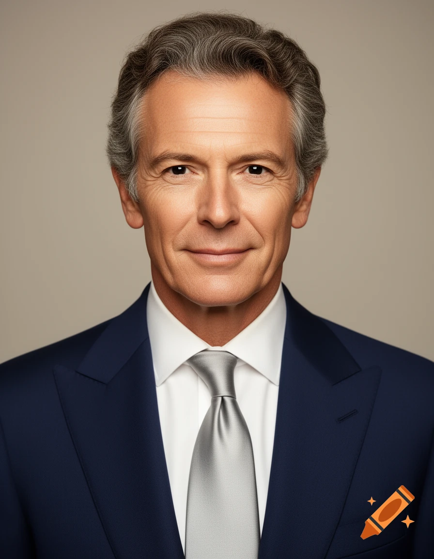 Photorealistic portrait of an attractive 60-year-old man with graying hair, wearing a navy suit and a light gray tie.