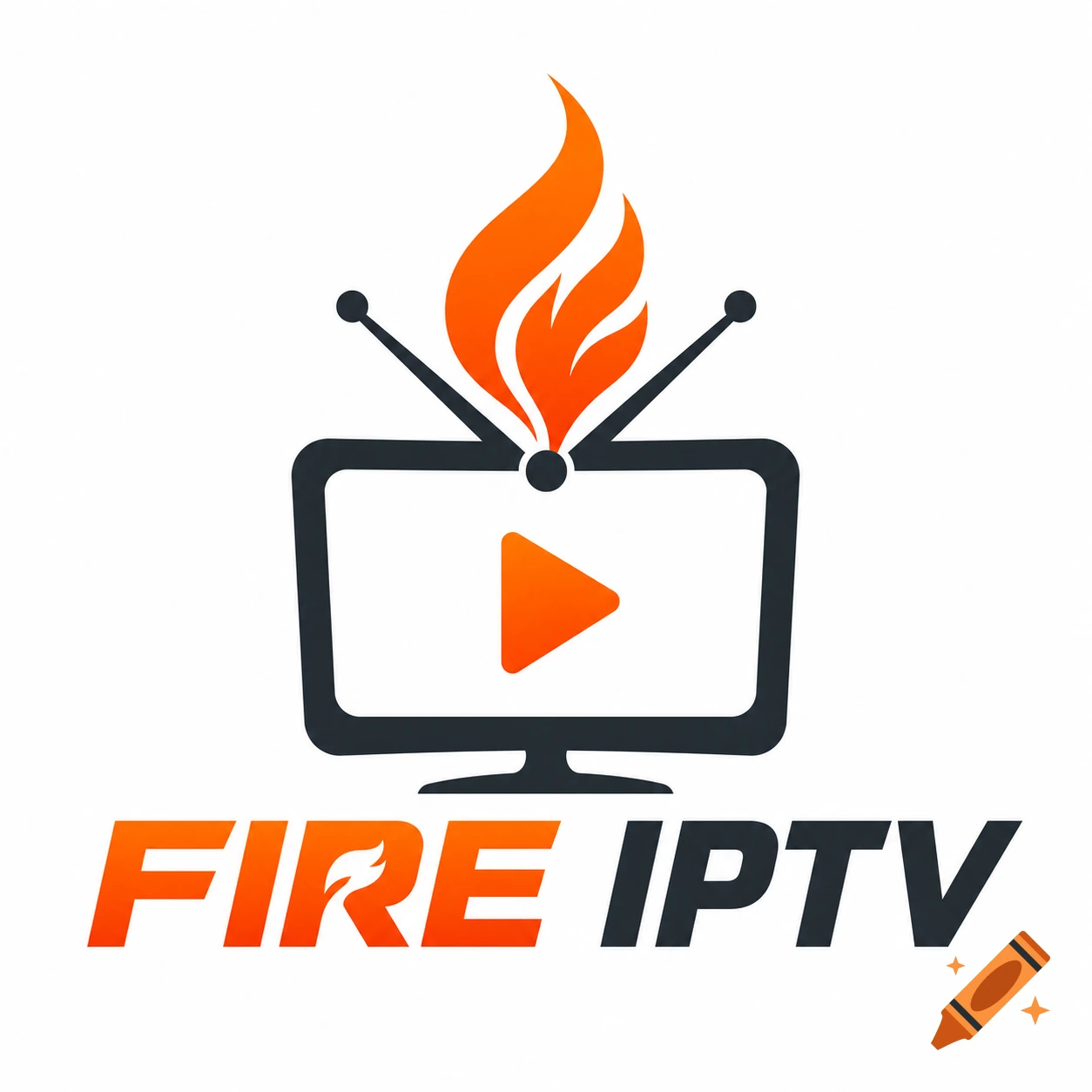 A minimalist logo featuring a dark gray television monitor with an orange flame merging into its antenna, a play button icon, and the text 'FIRE IPTV' below.