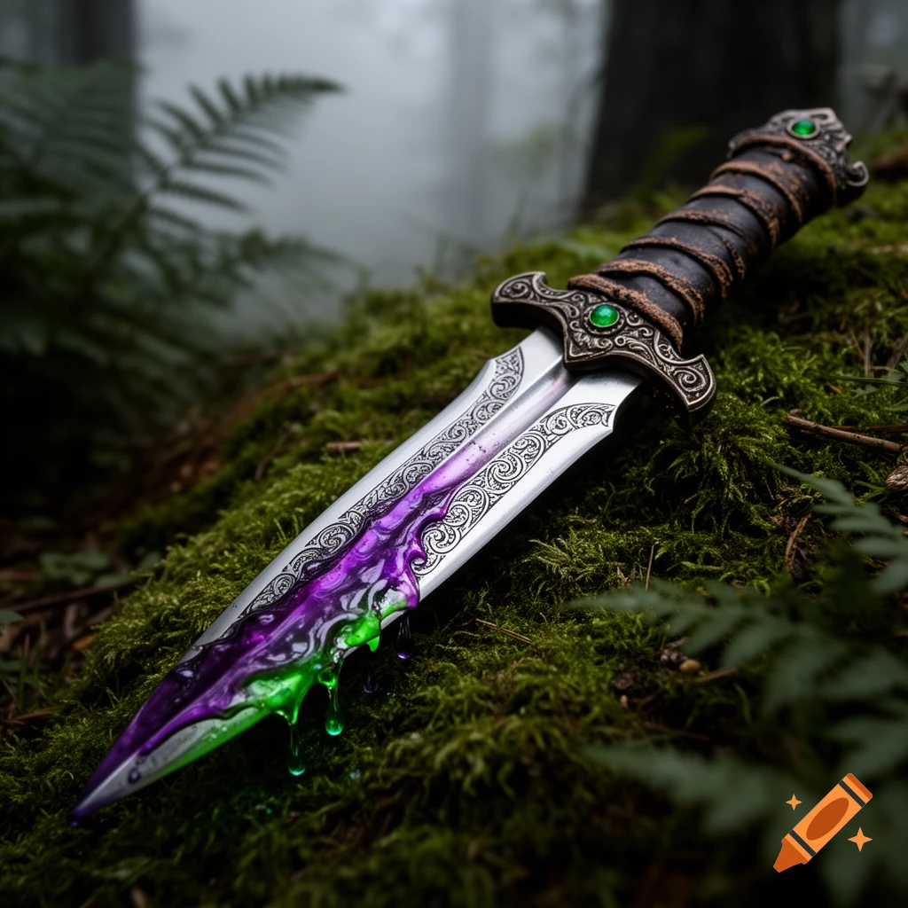 A detailed fantasy dagger with green and purple poison dripping from its blade, resting on moss in a foggy forest.