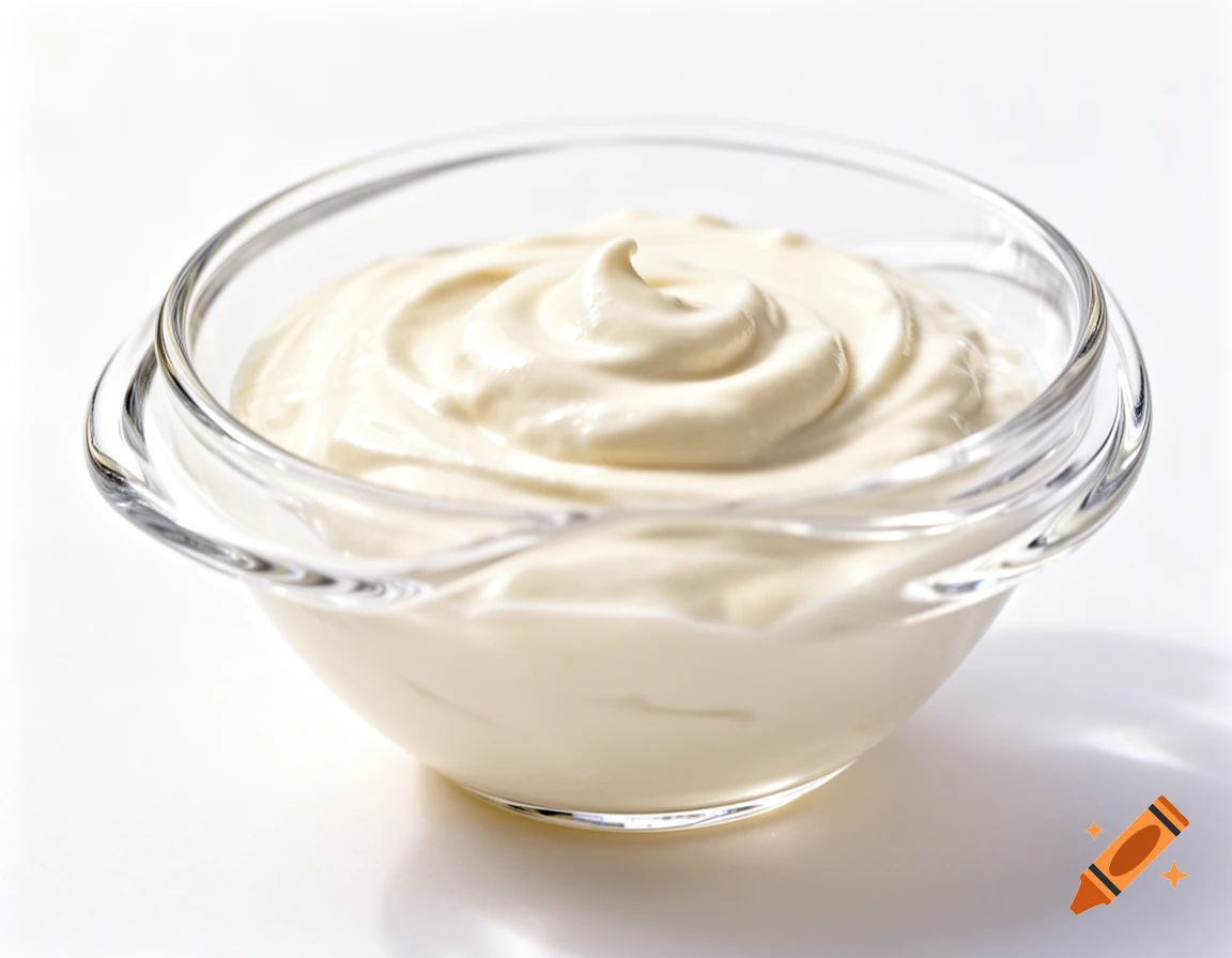 Close-up of a glass bowl filled with swirled vanilla quark on a white background.