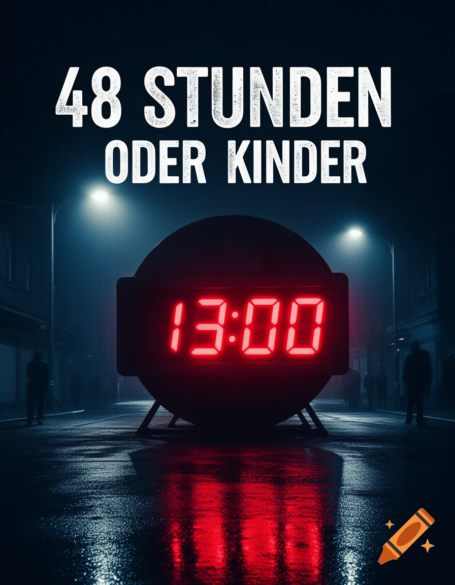 A dark, moody street at night with a large red digital clock displaying "13:00". Above it, white text reads "48 STUNDEN ODER KINDER", with silhouettes in the rainy background.