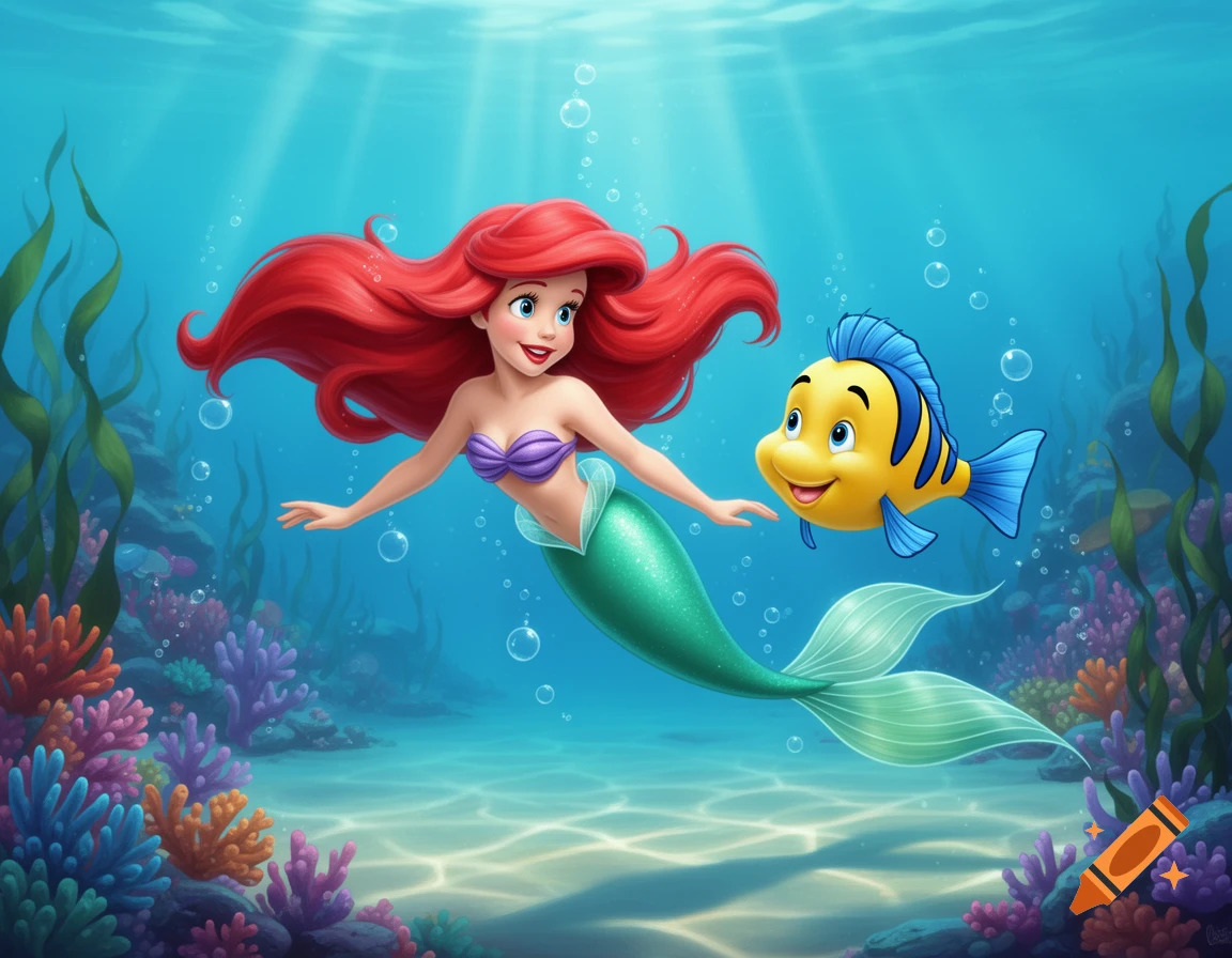Ariel the mermaid with red hair and a green tail swims with Flounder, a yellow and blue fish, in a vibrant underwater scene.