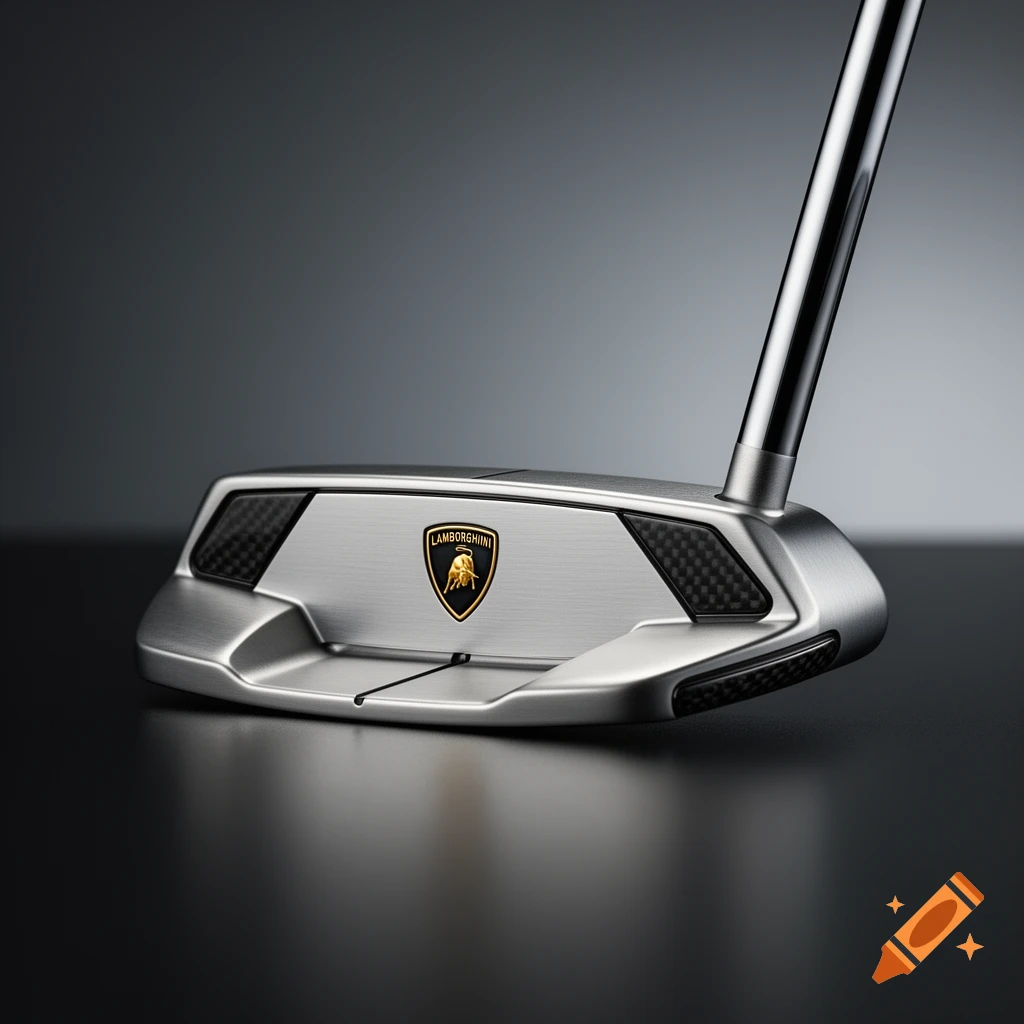 Close-up of a sleek, silver Lamborghini-branded golf putter head with carbon fiber accents on a dark reflective surface.