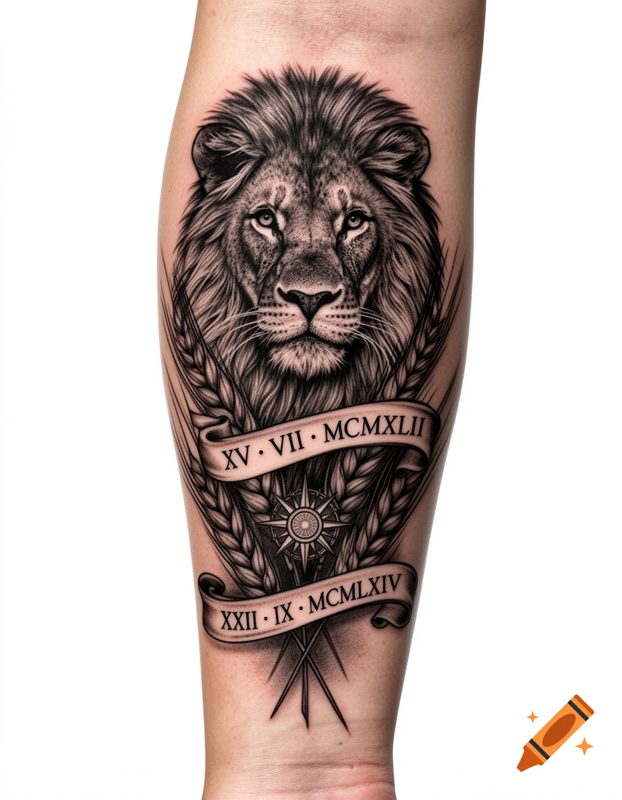 Photorealistic black and grey tattoo on a forearm featuring a detailed lion head, wheat stalks, Roman numeral banners, and a compass motif.