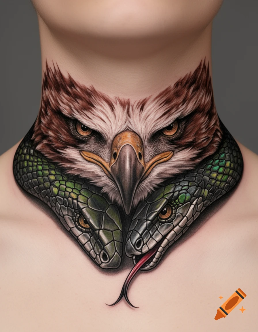 Detailed tattoo of an eagle's head with two green snakes emerging below it, wrapped around a person's throat.